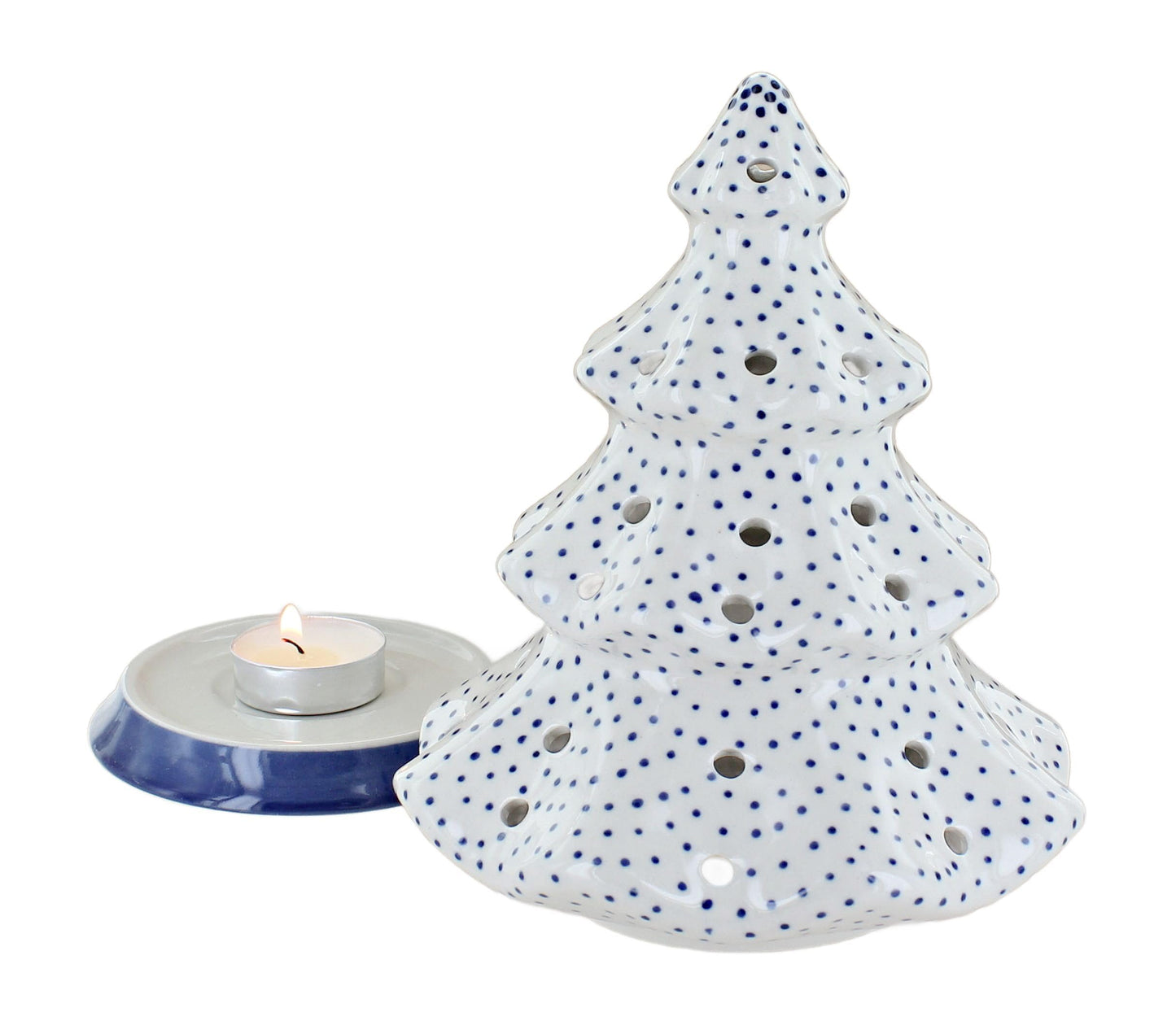 Blue Rose Polish Pottery - Blue Small Dots Tree Luminary - 7.5" Tall - Hand-Painted Polish Pottery Holiday Candle Holder, Unique Festive Décor