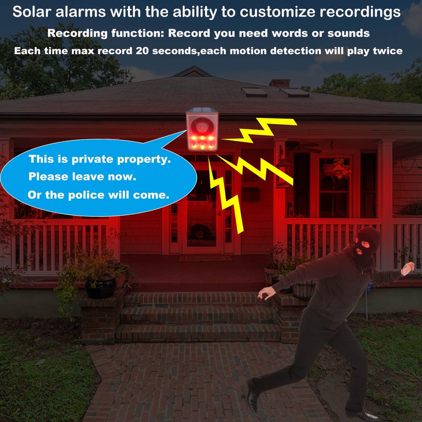 Solar Outdoor Motion Detector Alarm with 130dB Dog Barking & Gunshot Sounds, USB Charging & Strobe Light, Deter Intruders Effectively
