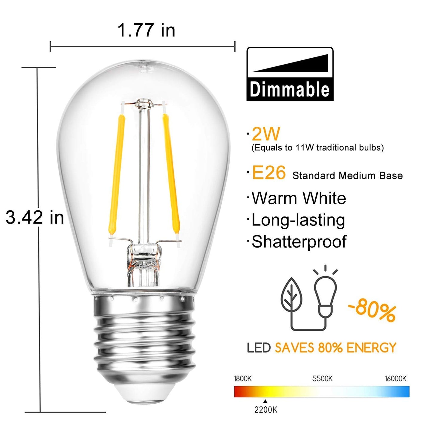 VISTERLITE Shatterproof S14 Replacement LED Light Bulbs, 2W, Equivalent to 11-25 Watt, Warm White 2200K, Outdoor String Lights Vintage Edison Bulb
