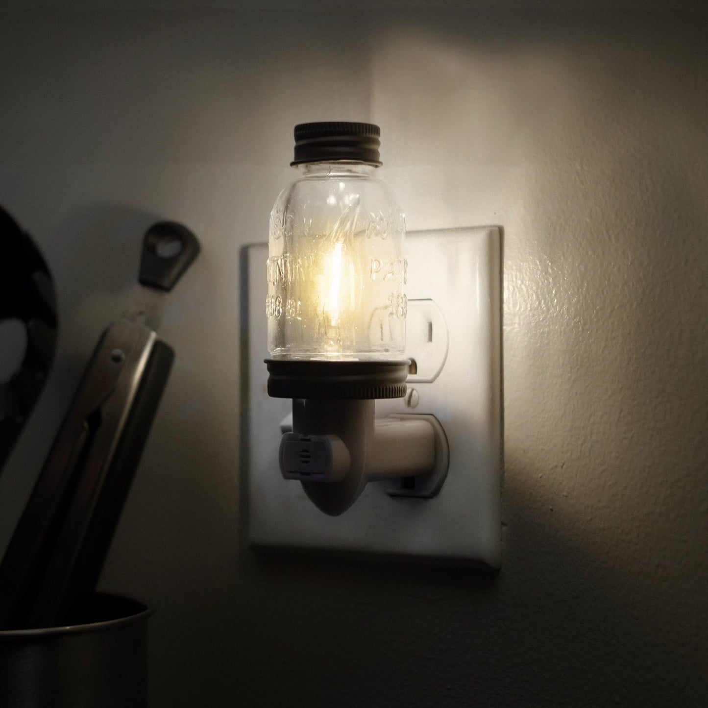 Autumn Alley Rustic Mini Mason Jar Night Light in Bronze | Auto On/Off Sensor | Plug in Farmhouse Wall Decor | Cute Country Night Light | Energy