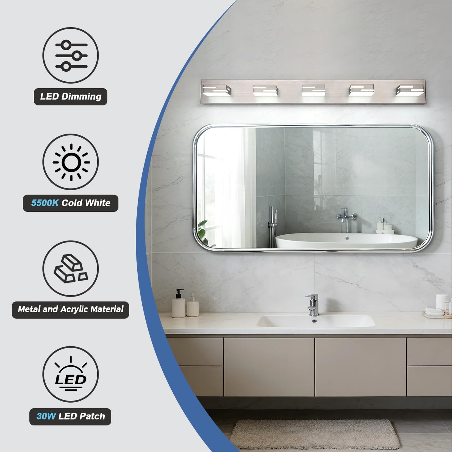 MKBNG 5-Light Modern Bathroom Vanity Light Fixtures, 40-Inch 350° Rotatable LED Vanity Lights Over Mirror, Dimmable 5500K Natural White Brushed Nickel