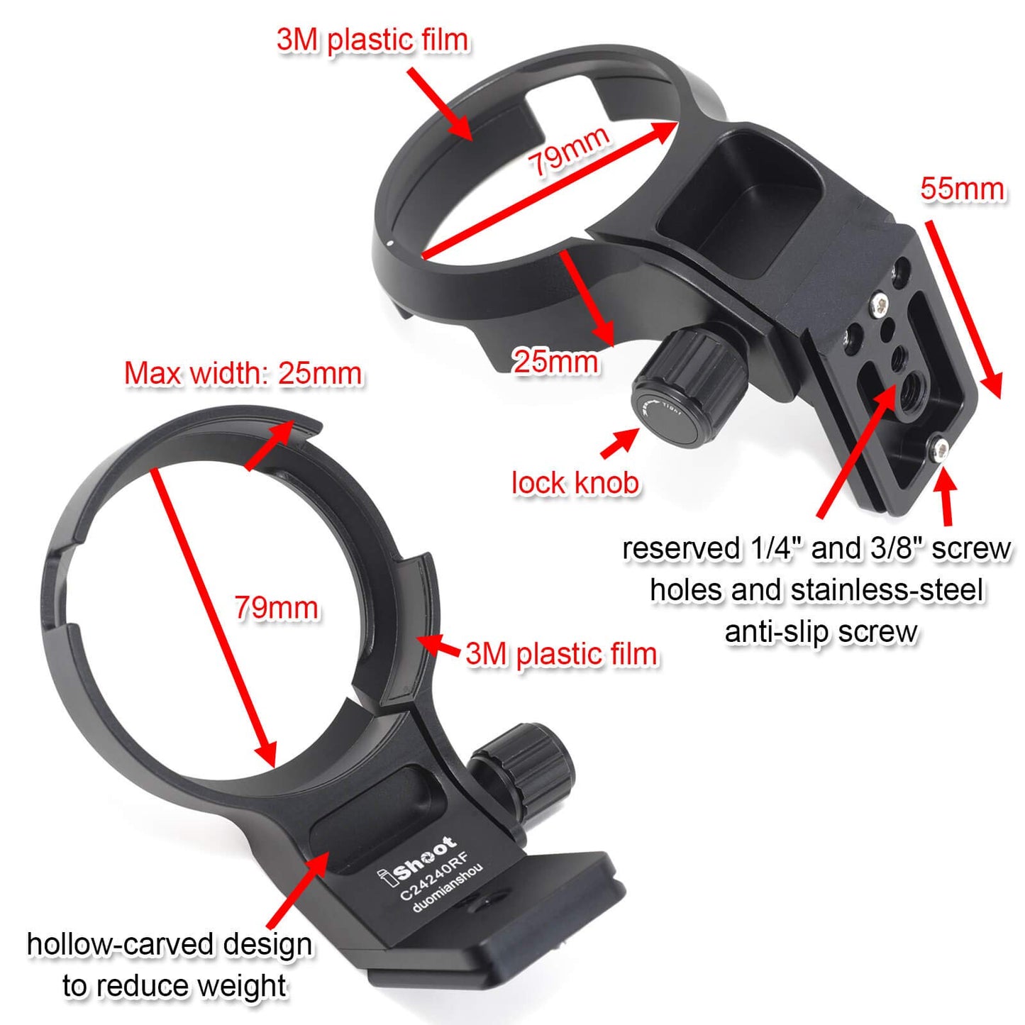 iShoot CNC Machined Diameter 79mm Tripod Mount Ring Lens Collar for Canon RF 24-240mm F4-6.3 is USM Lens, Built-in 70mm Arca-Swiss Quick Release Plate