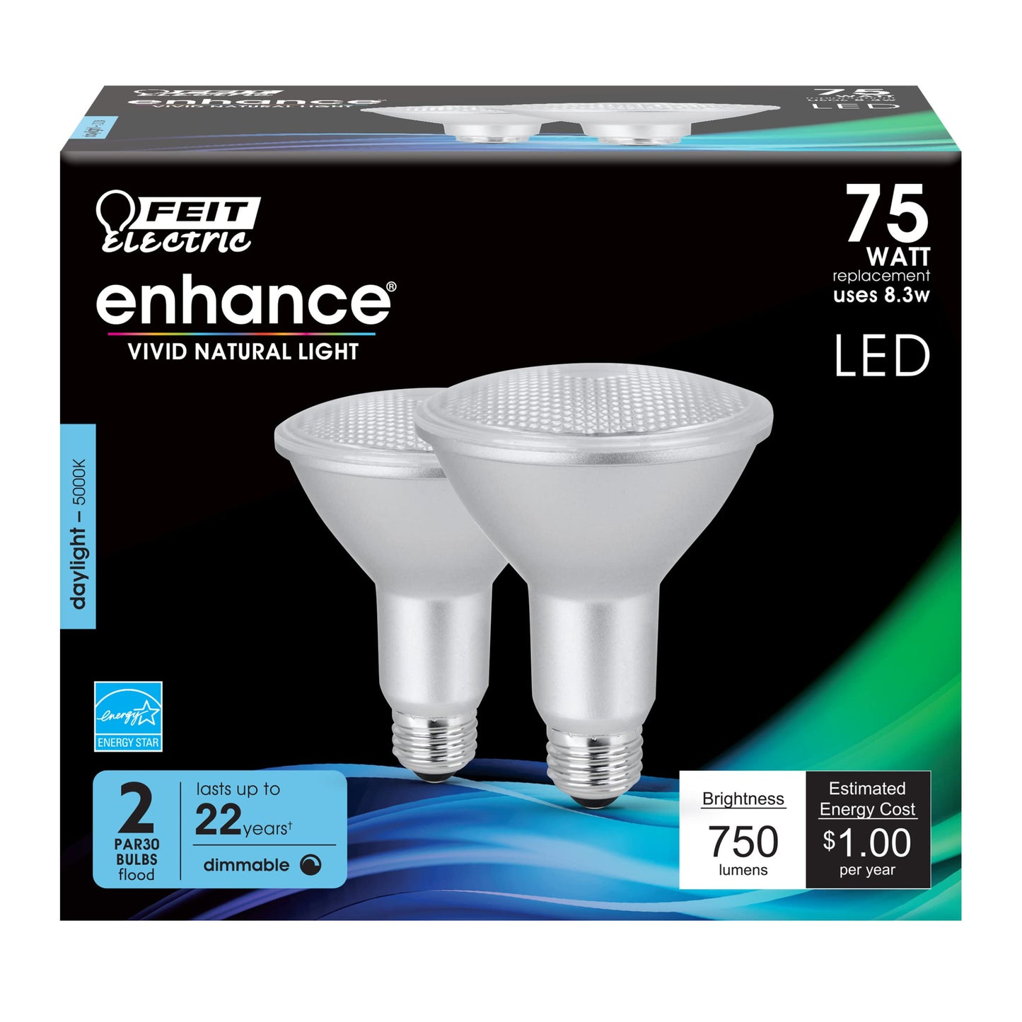 Feit Electric LED PAR30 Light Bulb, 75W Eq, Daylight, 2 Pack