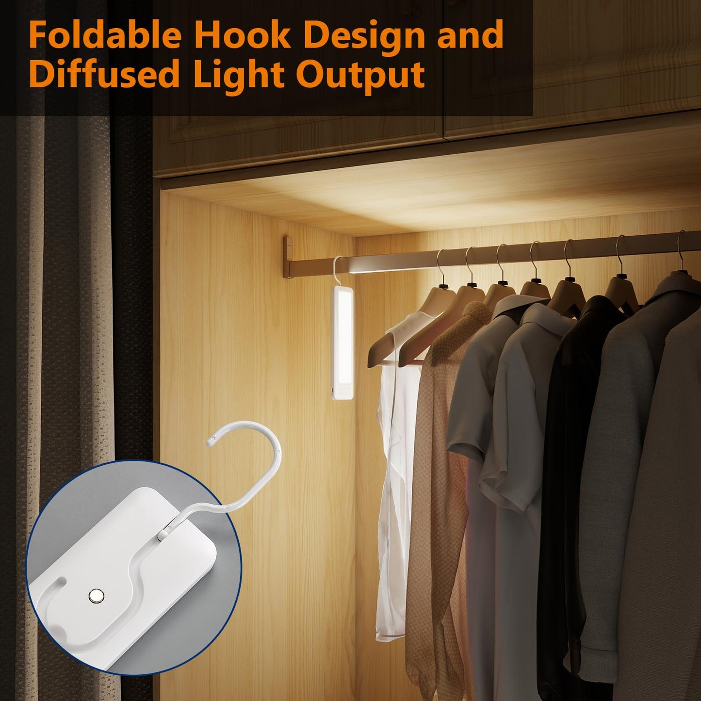 Dawnrise Under Cabinet Lights, 7.8 inch Motion Sensor Closet Light Indoor with Hook, Rechargeable Portable Lighting for Kitchen, Wardrobe, Closet