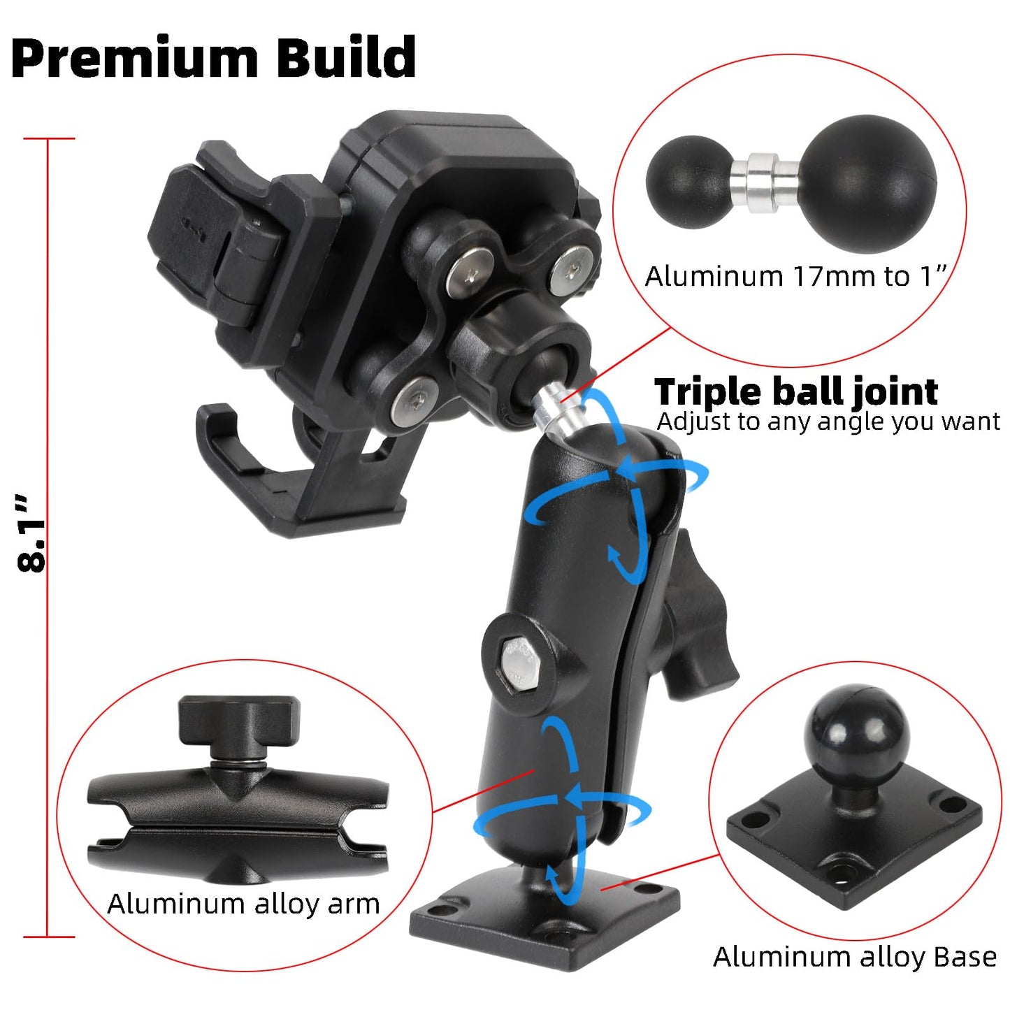 FPN Universal Phone Mount Holder for Car, Truck, Boat - Vibration Dampener, Aluminum AMPS Square Base, Medium Arm, 1s Quick Lock/Release, Camera