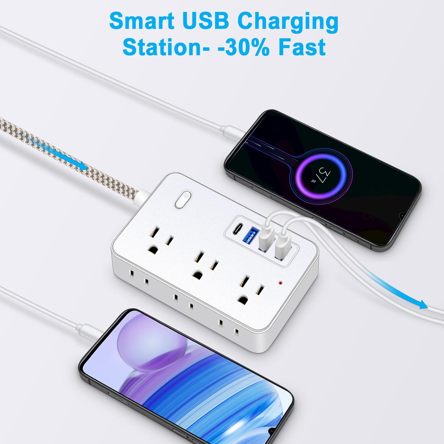 Multi-Device Charging Station, 6-Outlet Surge Protector with 4 USB Ports, Braided Extension Cord, Compact Power Strip for College Dorm Room, Home