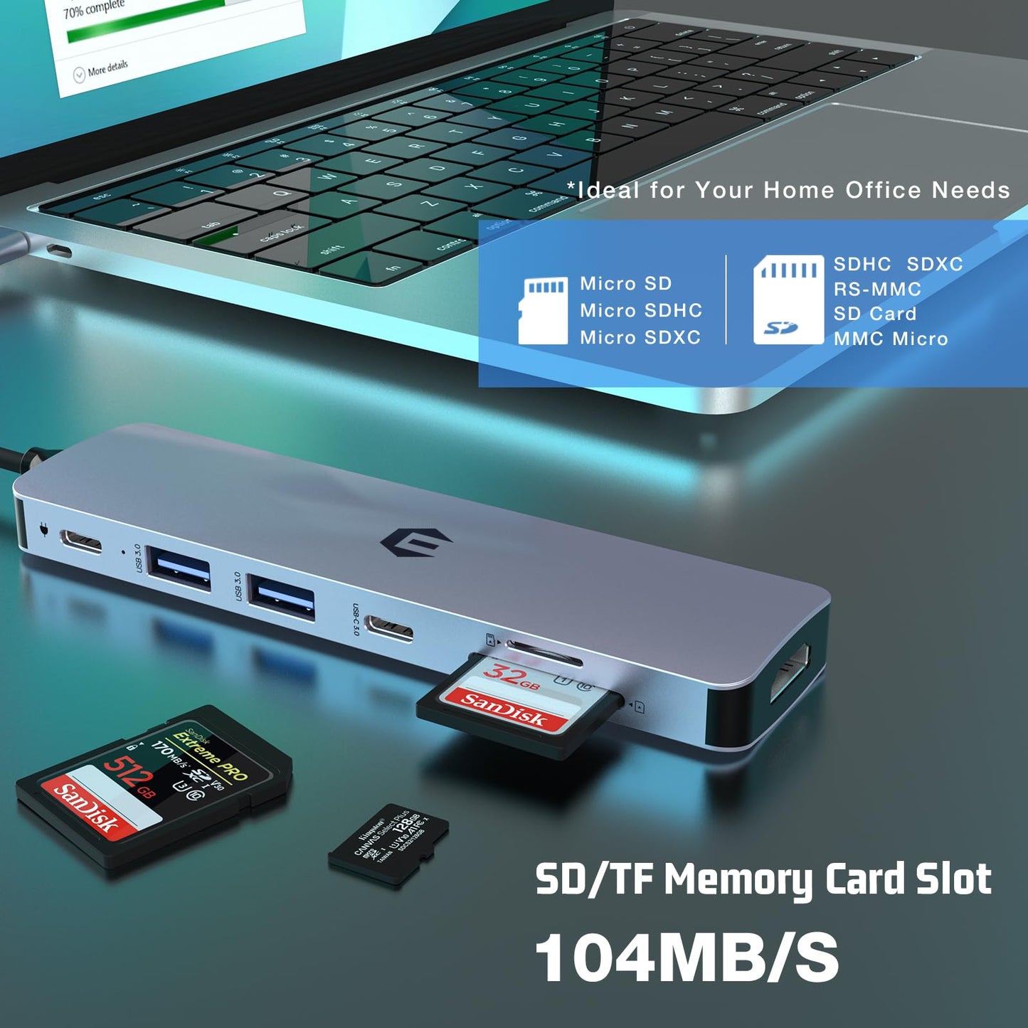 USB C HUB, Tymyp 7 in 1 Hub Adapter, HDMI Output, 100W Power Delivery, USB C 3.0, Dual USB 3.0 Ports, SD and Micro SD Card Reader, Ideal for USB C