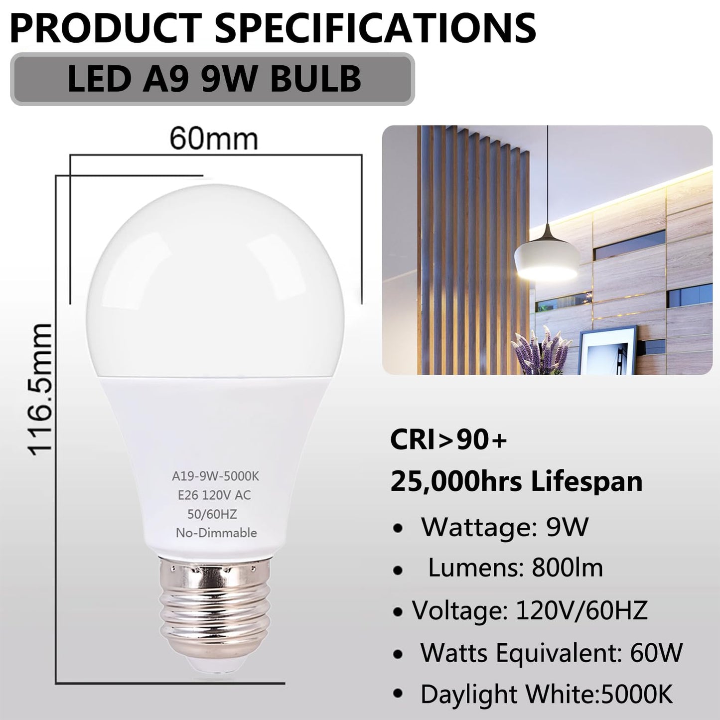 ZwwYvv LED Light Bulb,A19 60 Watt Equivalent, Energy Efficient 9W,800 Lumens, Daylight White 5000K, Non-Dimmable, Long Lifetime,Frosted,6 Count (Pack