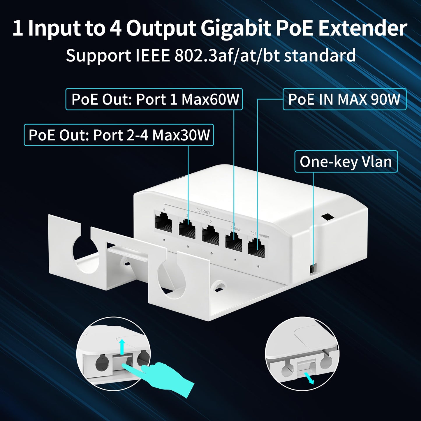 5 Port Outdoor 10/100Mbps PoE Extender, IEEE802.3af/at PoE+ Repeater, Extend Up to 100M(328Ft), IP66 Waterproof with VLAN Function, Plug and Play Wall