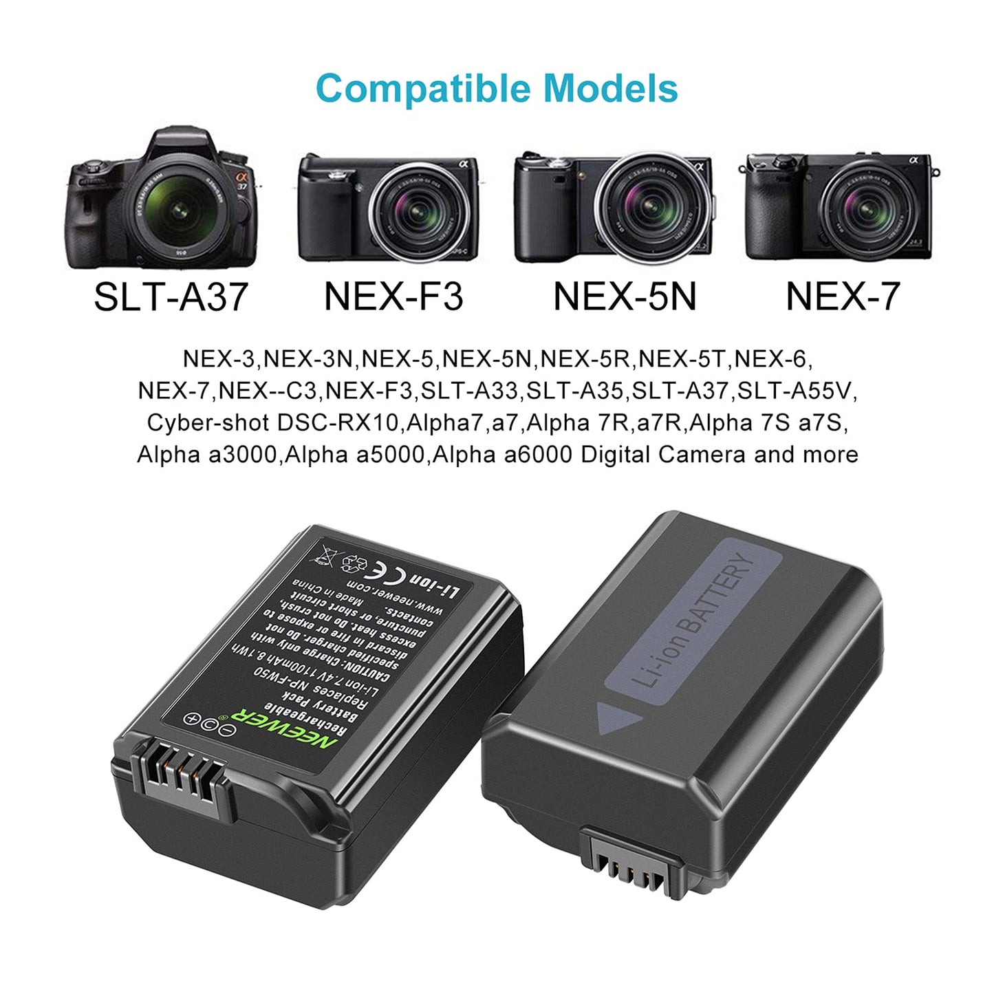 Neewer 2-Pack NP-FW50 Replacement Battery and Dual USB Charger Compatible with Sony ZV-E10, A7, A7R, A7RII, A7II, A7SII, A7S, a3000, a5000, a6000