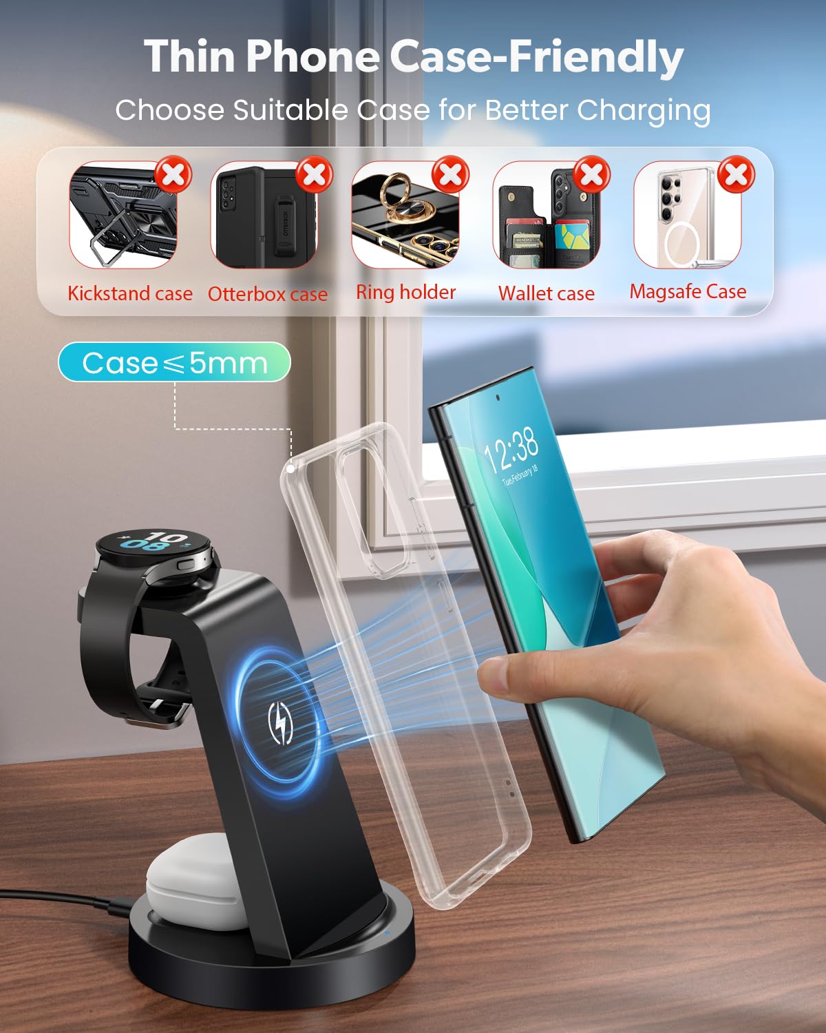 Wireless Charger for Samsung: 3 in 1 Wireless Charging Station for Samsung Galaxy Watch 8 7 6 5 4 3 Pro Classic Galaxy Buds - Charger Dock Stand