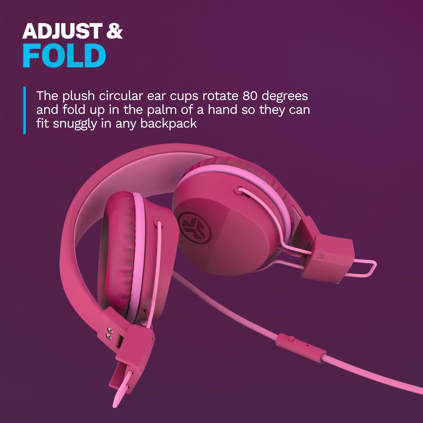 JLab JBuddies Studio on-Ear Kids Wired Headphones with mic, Volume Limiter, Foldable, Adjustable, Dark Pink