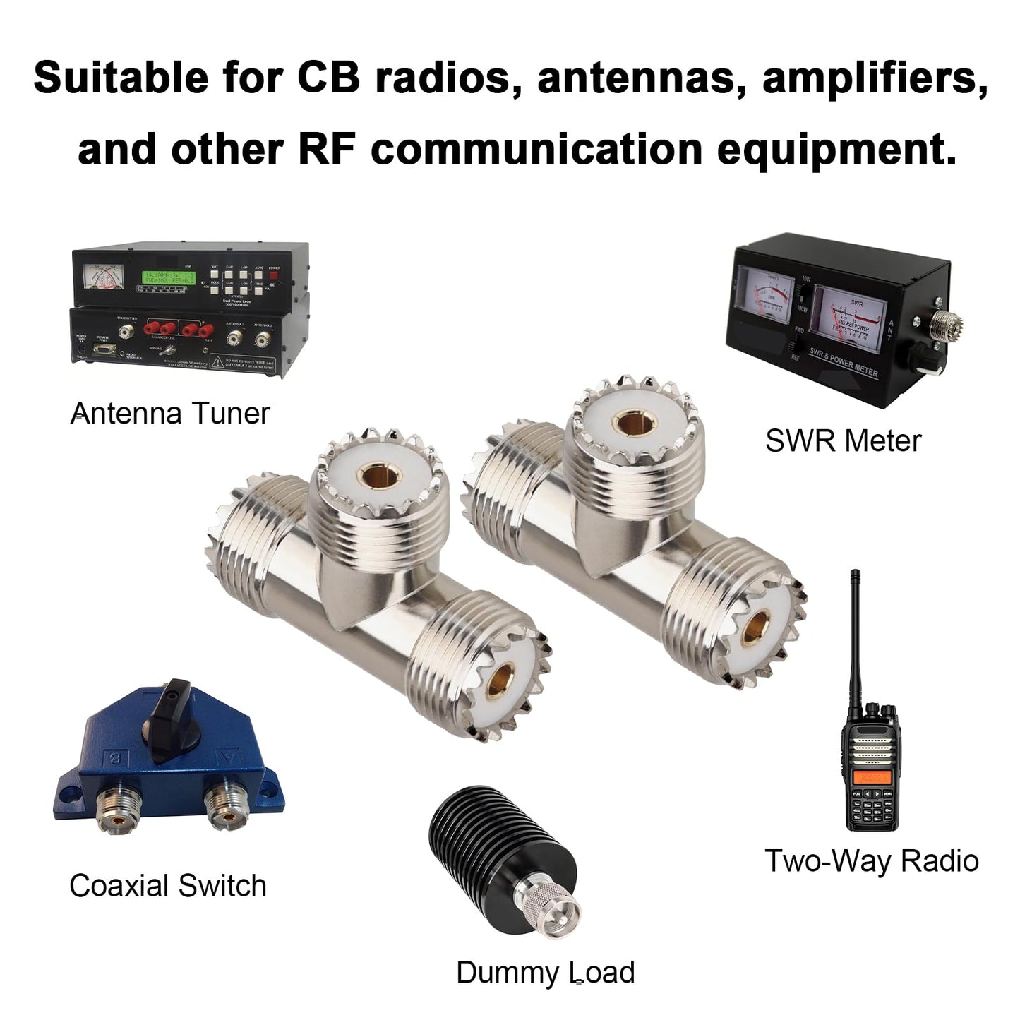 2-Pack UHF Female to UHF Female RF Coaxial Adapter, T-Shape 3-Way Splitter Connector for CB Radios, Antennas, and Signal Distribution Applications