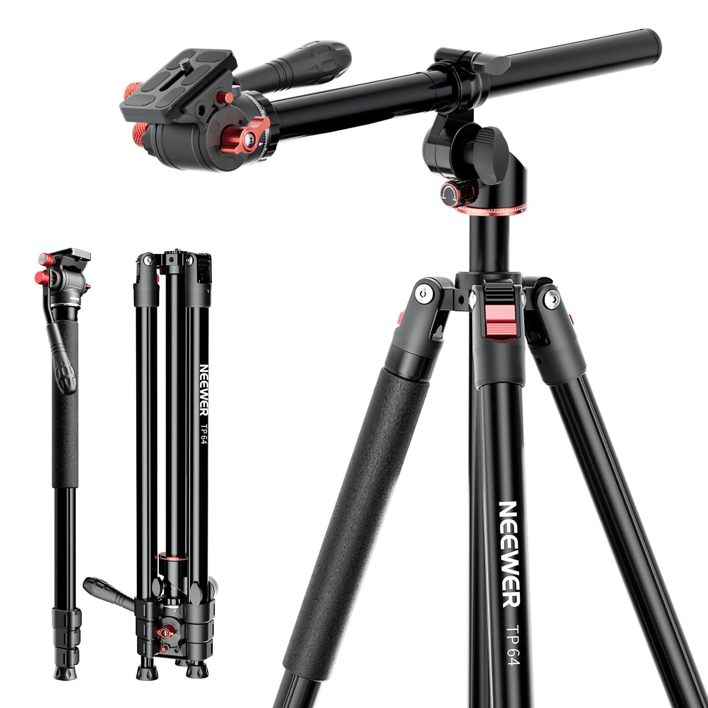 NEEWER Overhead Horizontal Camera Tripod Monopod with Fluid Head & Flexible Center Column, 90 Inch Tall Metal DSLR Video Travel Stand, Arca Type QR