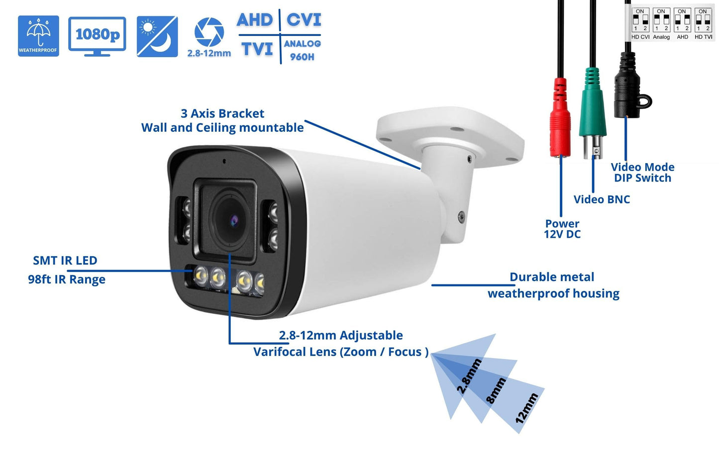Evertech 1080P HD Bullet Security Camera Outdoor Indoor 2.8-12 mm Manual Zoom Camera