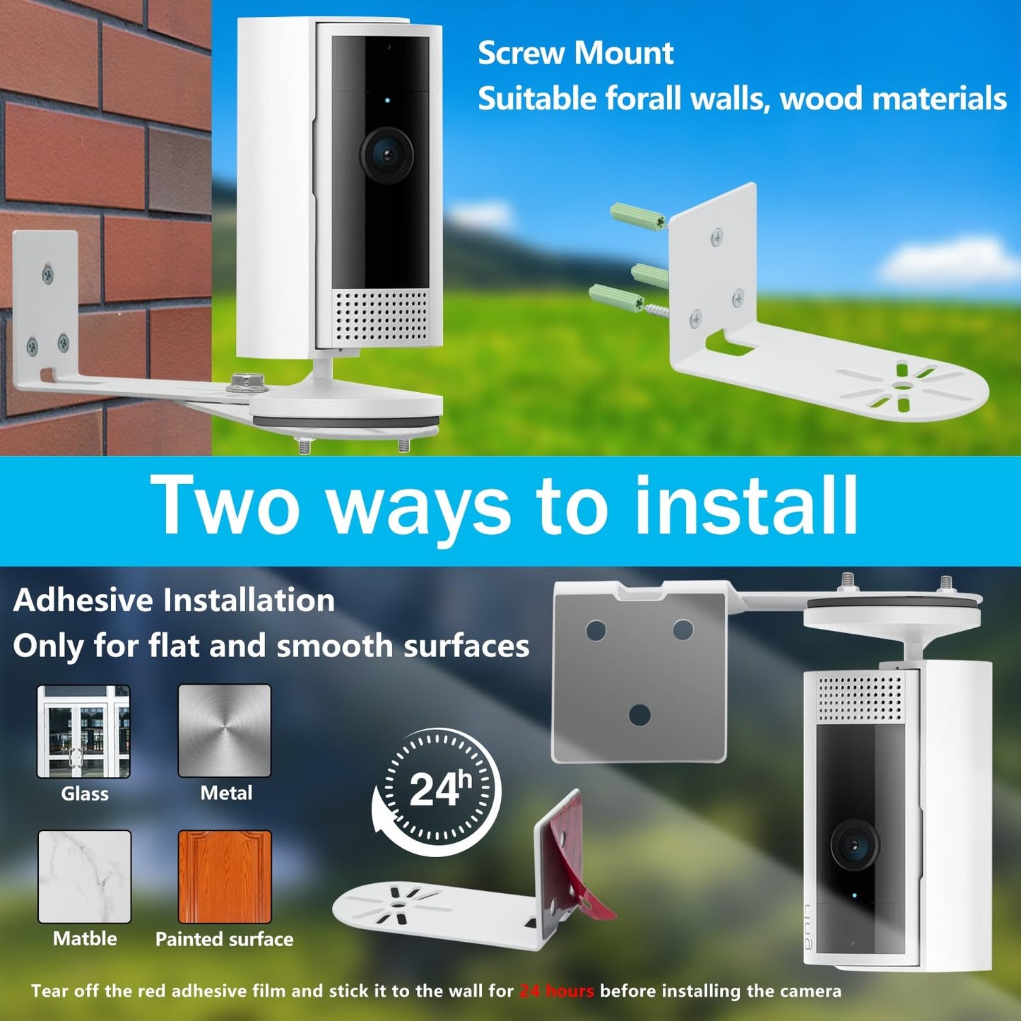 Haoyou Adhesive Wall Mount Bracket for Ring Indoor Cam (2nd Gen & Plus) and Ring Pan-Tilt Indoor Cam, 300 Degree Adjustable Swivel, No Drill, Let