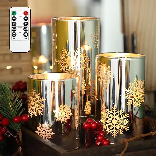 FLAVCHARM Snowflake LED Flameless Candles with Remote and Timer, Electroplate Glass Candles Operated by Battery, Christmas LED Flickering Candles