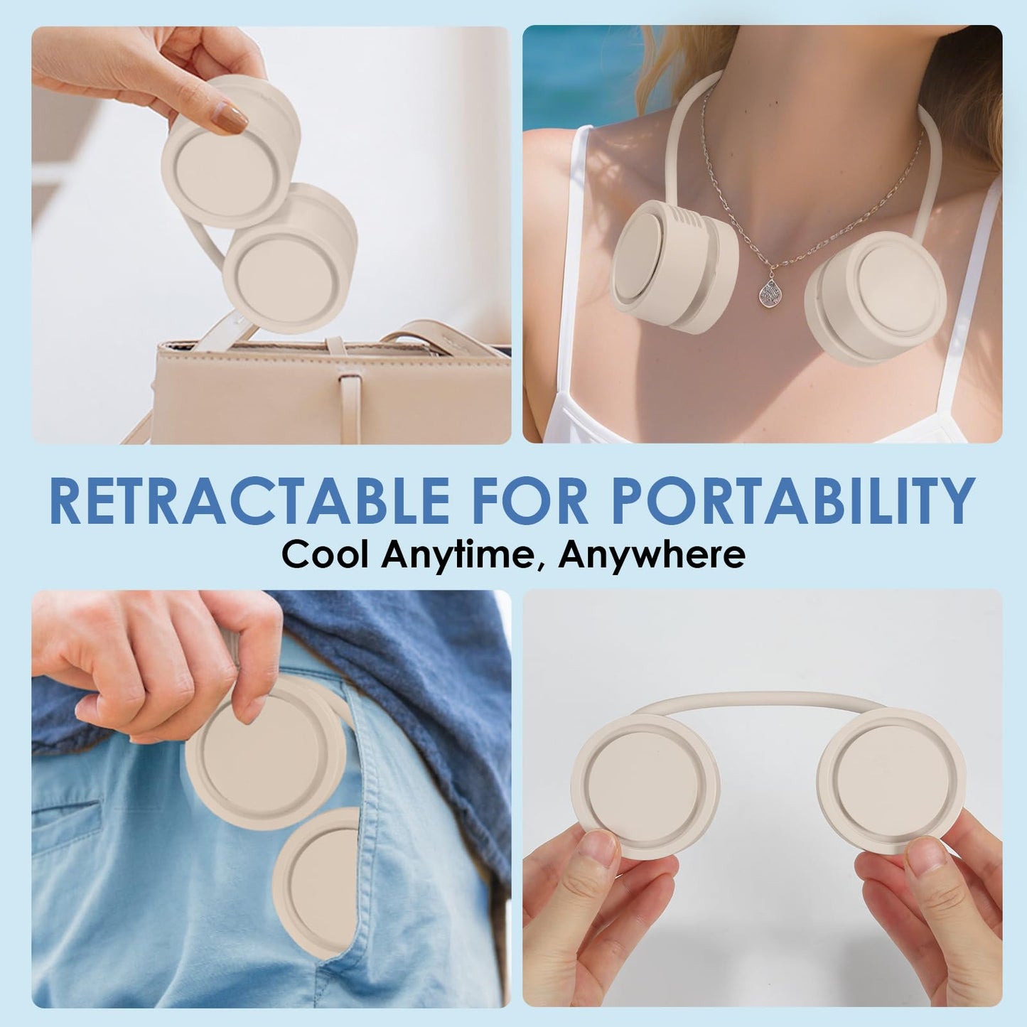 ZEMIRO CHARGE Neck Fan, Portable Bladeless Wearable Fan with 360° Airflow, 3 Speeds, 1600mAh Rechargeable Battery, Quiet Foldable USB Personal Fan