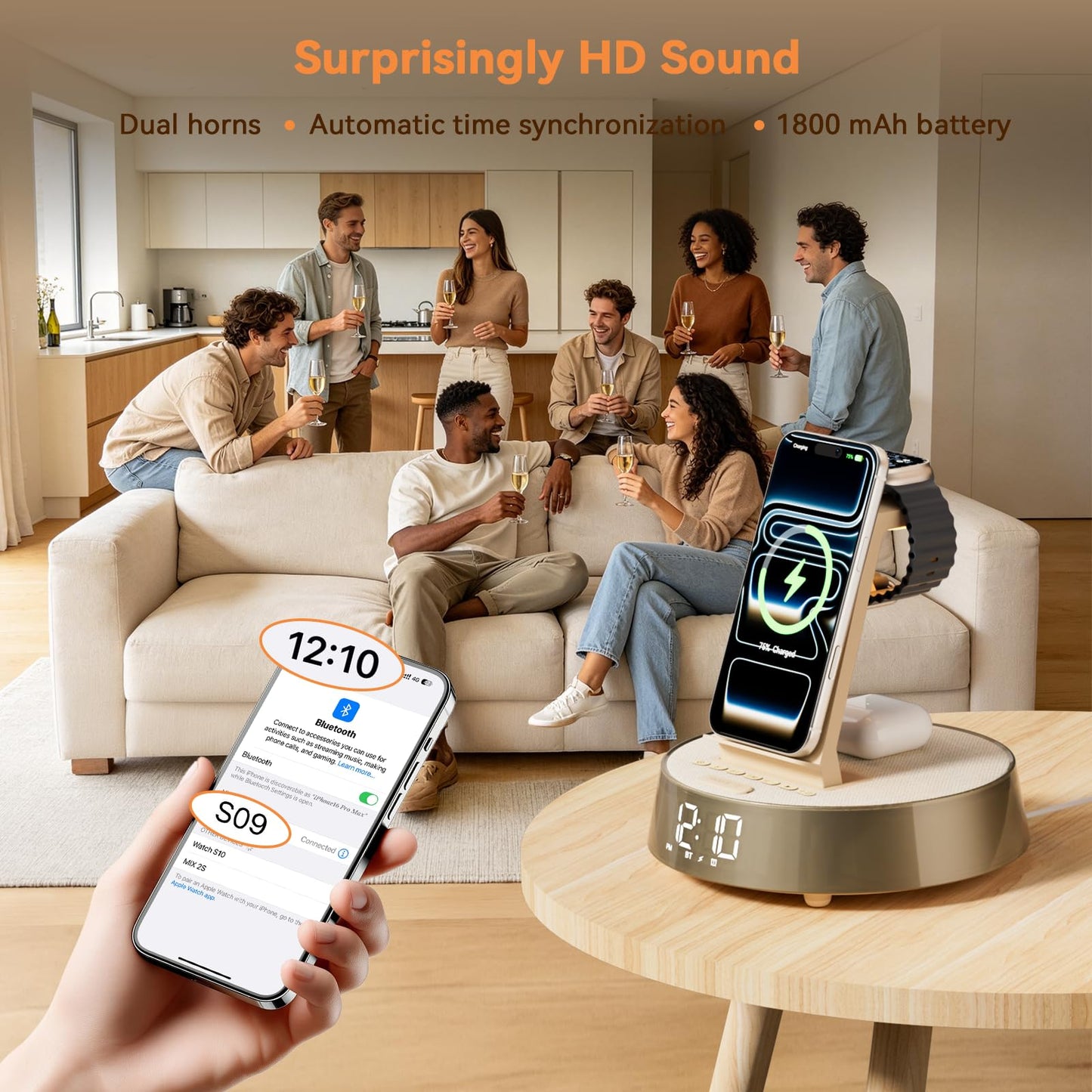 6 in 1 Wireless Charging Station with Alarm Clock, Bluetooth Speaker, FM Radio, Night Light for Bedroom Office, Wireless Charger Dock Station