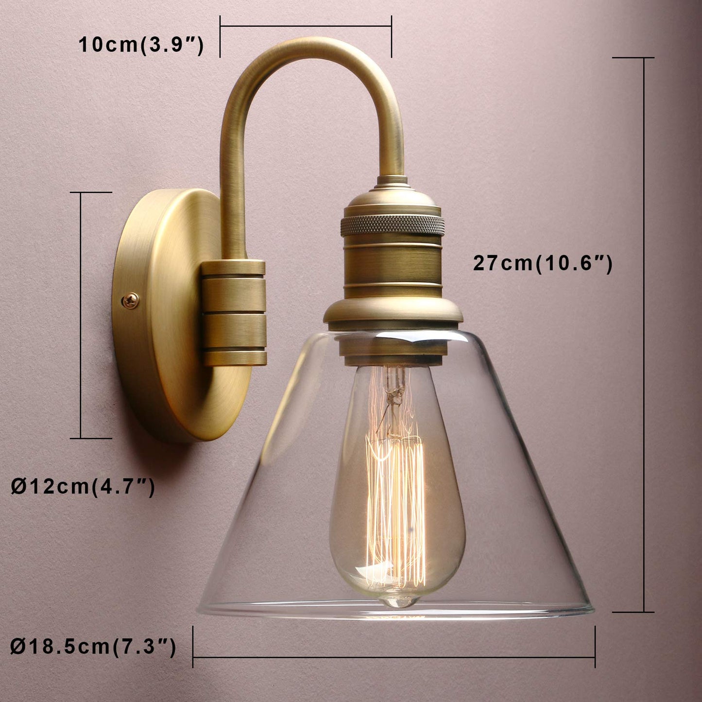 Yosoan 1-Light Brass Modern Vintage Indoor Wall Sconce, Vanity Single Luxury Hardwired Retro Textured Clear Funnel Flared Glass Shade with Industrial