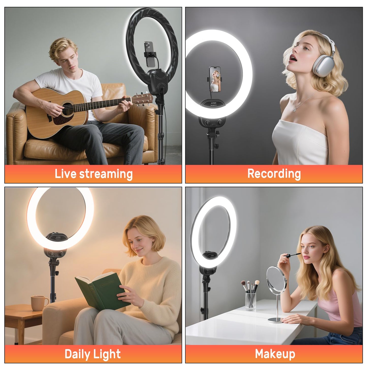 ALTSON 14'' Selfie Ring Light with 63'' Tripod Stand & Phone Holder, Dimmable LED Phone Ring Light for Video Recording/Live