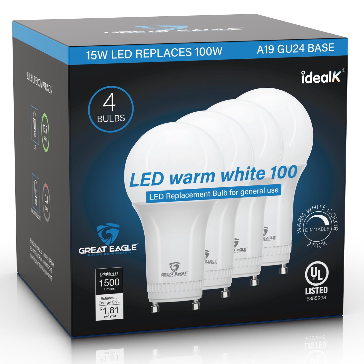 Great Eagle Lighting Corporation 15W (100W Equivalent) GU24 LED Light Bulb Dimmable 2700K Warm White, UL, Replace CFL Twist-in 2 Prong (4-Pack)
