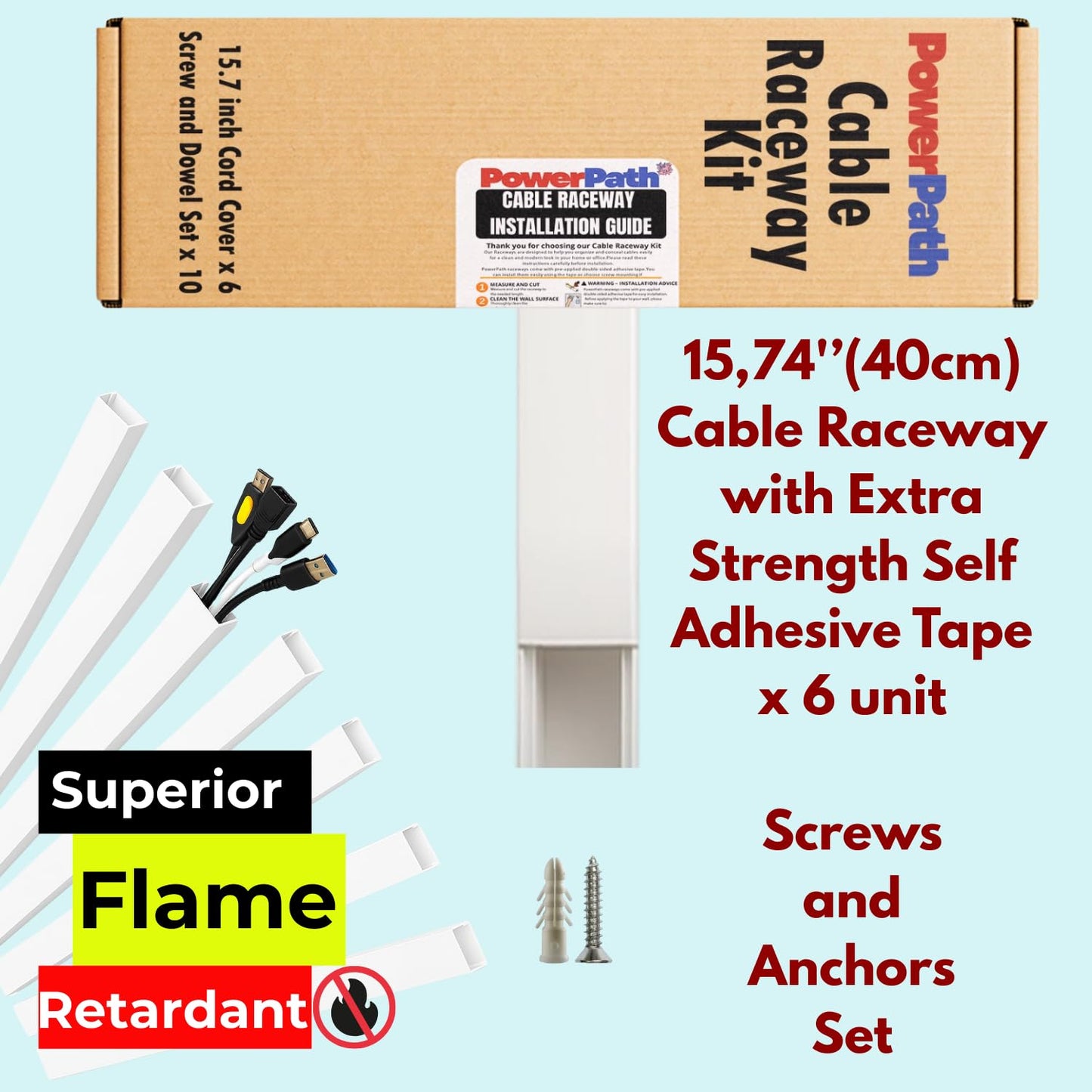 Cable Management Kit | 6 Pack x 15.7” (40cm) PVC Cable Raceway with Screws and Anchors | Paintable Wall Cord Cover for TV, Computer, and Home Office |