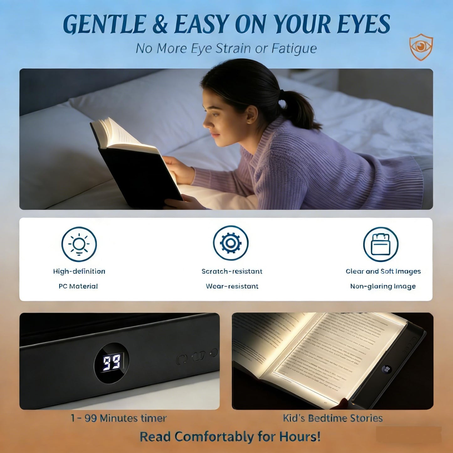 Yeopopshop Smart LED Reading Light, Rechargeable Flat Book Light for Night Reading, Dimmable Full Page Panel Lamp with 3 Colors & Timer, Eye