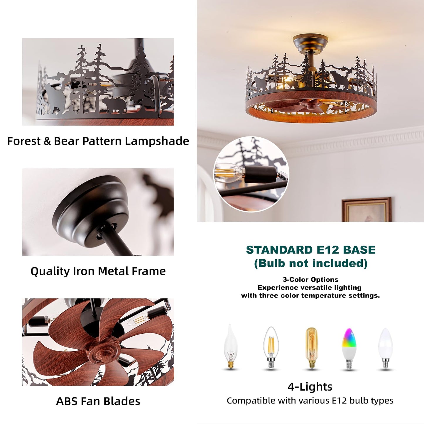 HSMKL 21 Inch Flush Mount Farmhouse Ceiling Fan with Light and Remote, Rustic Walnut Wood Grain Bladeless Fandelier Chandeliers Fan, Forest Ceiling