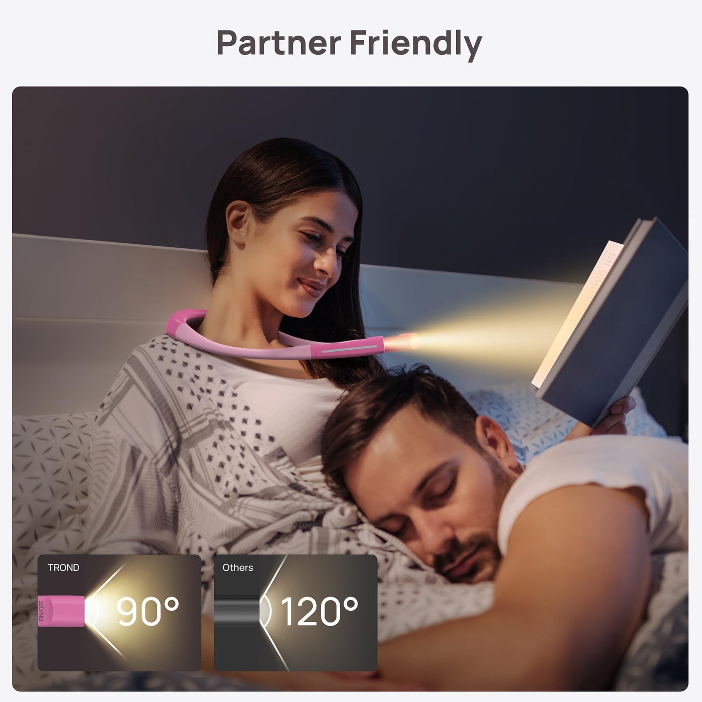 TROND LED Neck Reading Light, 3 Color 3 Brightness Book Light for Reading in Bed, 1000mAh Rechargeable Lamp, Flexible Arm with Outdoor Warning Lamp