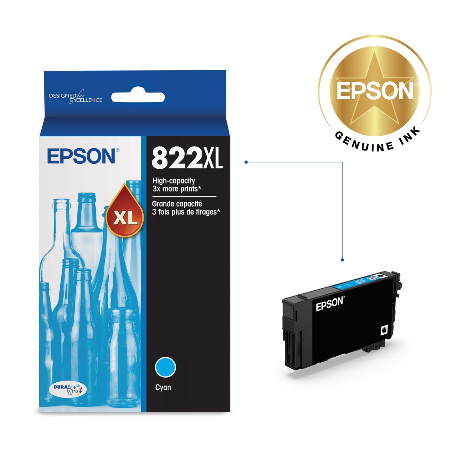 EPSON 822 DURABrite Ultra Ink High Capacity Cyan Cartridge (T822XL220-S) Works with WorkForce Pro WF-3820,3823, 4820, 4830, 4833, 4834