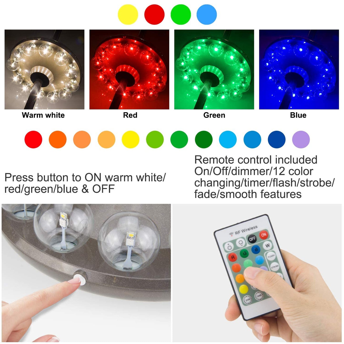 BIGMONAT Battery Operated Hanging Lights Outdoor Patio Umbrella Light RF Remote Control,12 Colors Changing Pole Light for Umbrella,Wireless Under