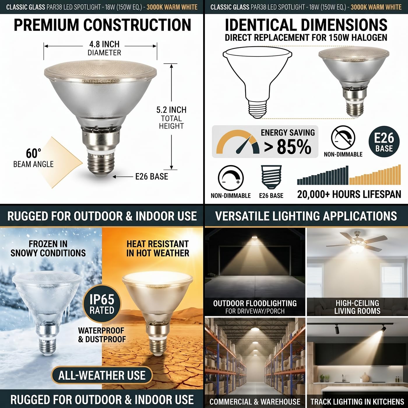 Glass Reflector PAR38 LED Bulbs,Warm White Light,18W,Indoor/Outdoor Flood Light,Waterproof,4-Pack,150W Halogen Equivalent,LED PAR38 Soft White