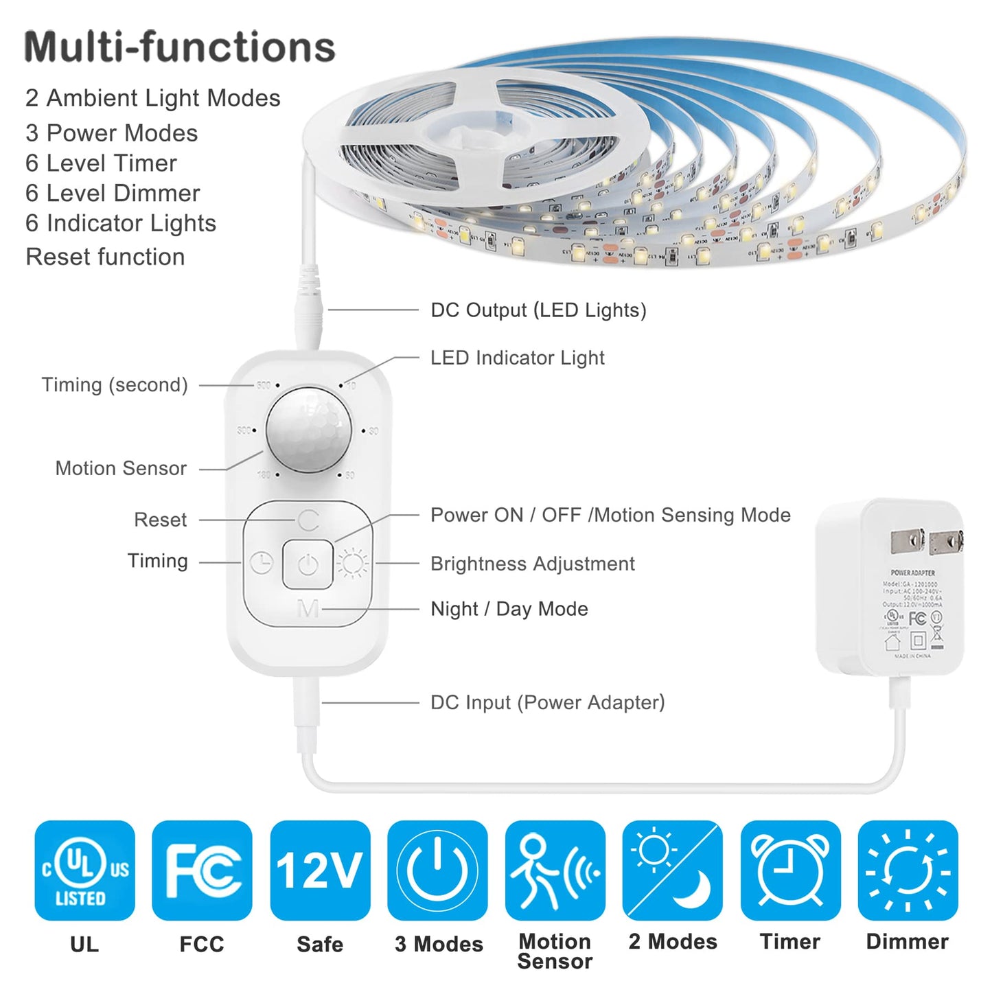 Motion Sensor Under Cabinet Lights - Plug-in LED Strip Lights Indoor with Power Adapter, Dimmer and Timer for Kitchen Cabinet, Counter, Shelf