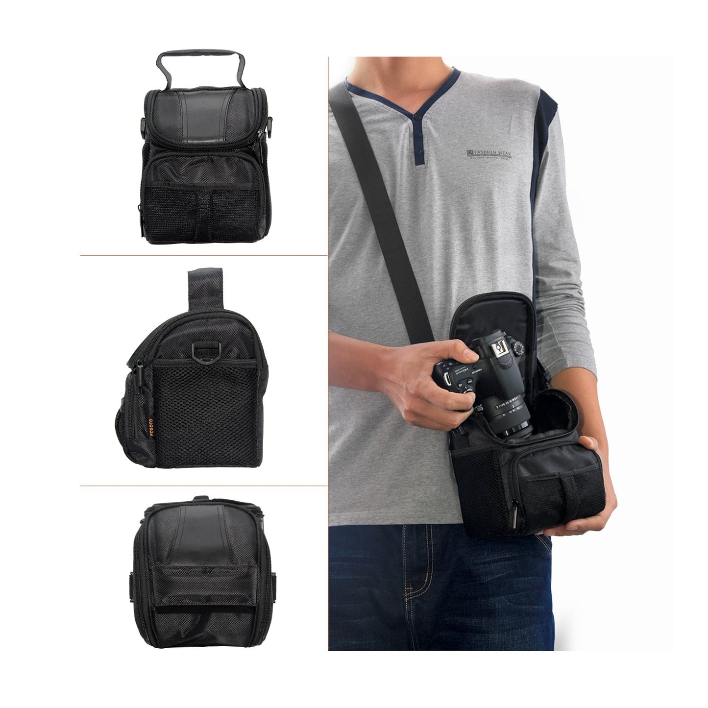 FOSOTO Waterproof (with Rain Cover) Black Camera Case Bag Compatible for Canon EOS M10 M6 M2 Mrak II M50 M100 Rebel T3i T4i T5 SL1, Nikon P600 D3300