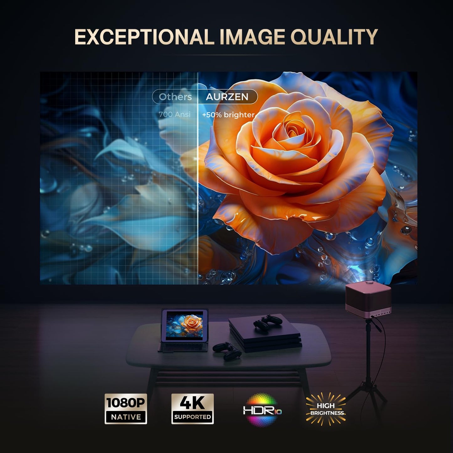 3-in-1 Projector 4K Supported, AURZEN BOOM 3 Smart Projector with WiFi and Bluetooth, 3D DoIby Audio & 36W Speakers, Auto Focus & Keystone, Built
