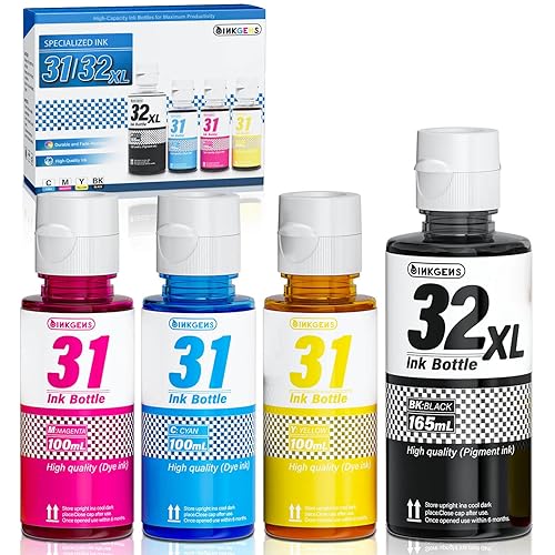 inkgens 31 32XL Ink Bottle Set Refill for HP Smart Tank 7600 7602 7300 7301 7001, 5000 5101 5102, 6000 6001 651 551 Printer. Black CMY