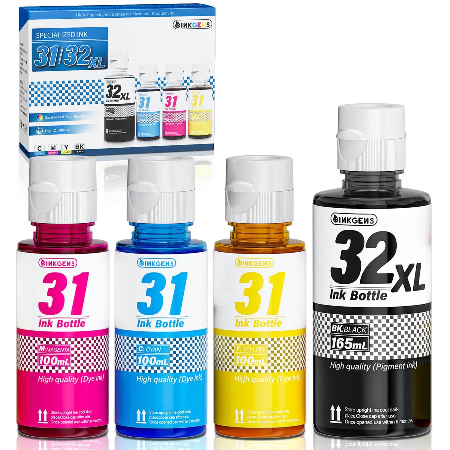 inkgens 31 32XL Ink Bottle Set Refill for HP Smart Tank 7600 7602 7300 7301 7001, 5000 5101 5102, 6000 6001 651 551 Printer. Black CMY