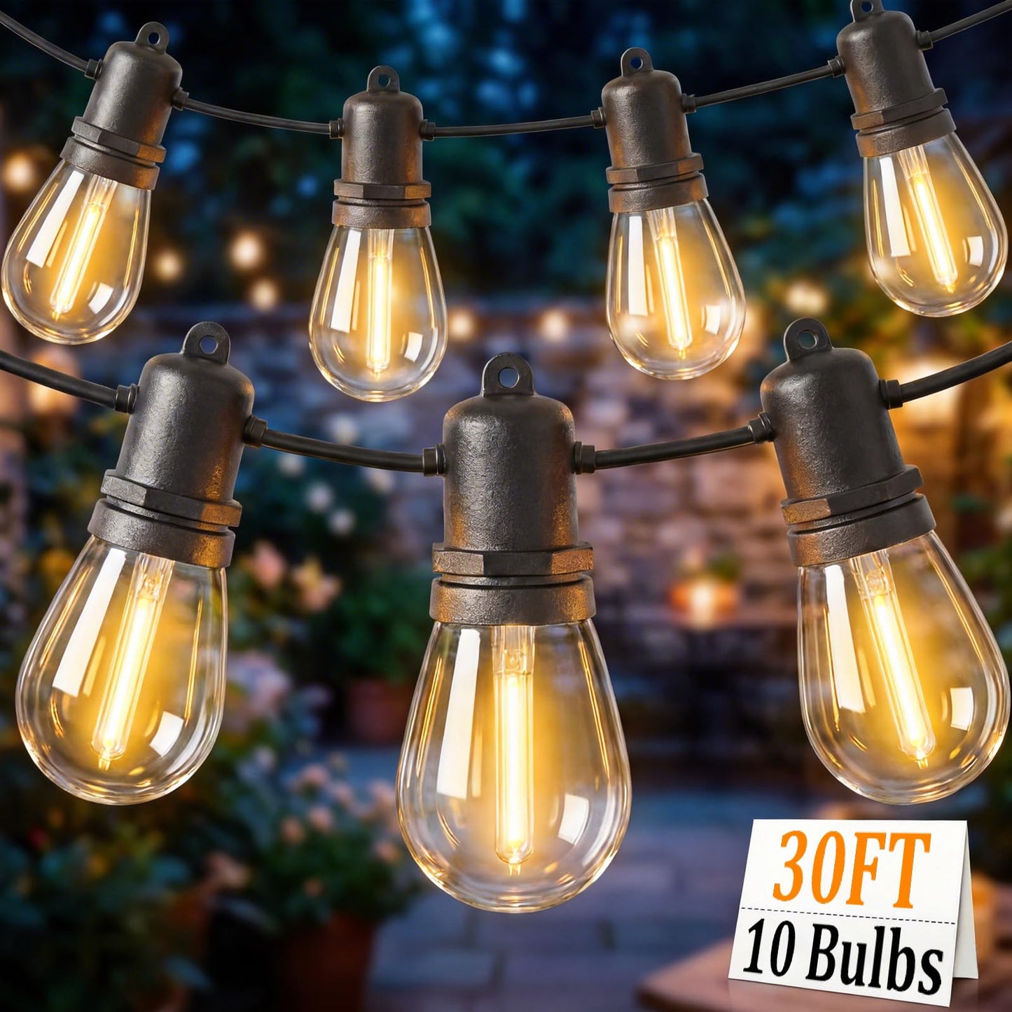 Bokoiuu S14 Outdoor String Lights 30FT, Waterproof Patio Lights with 11 Shatterproof LED Bulbs (1 Spare), UL Certified Commercial Grade Black Wire