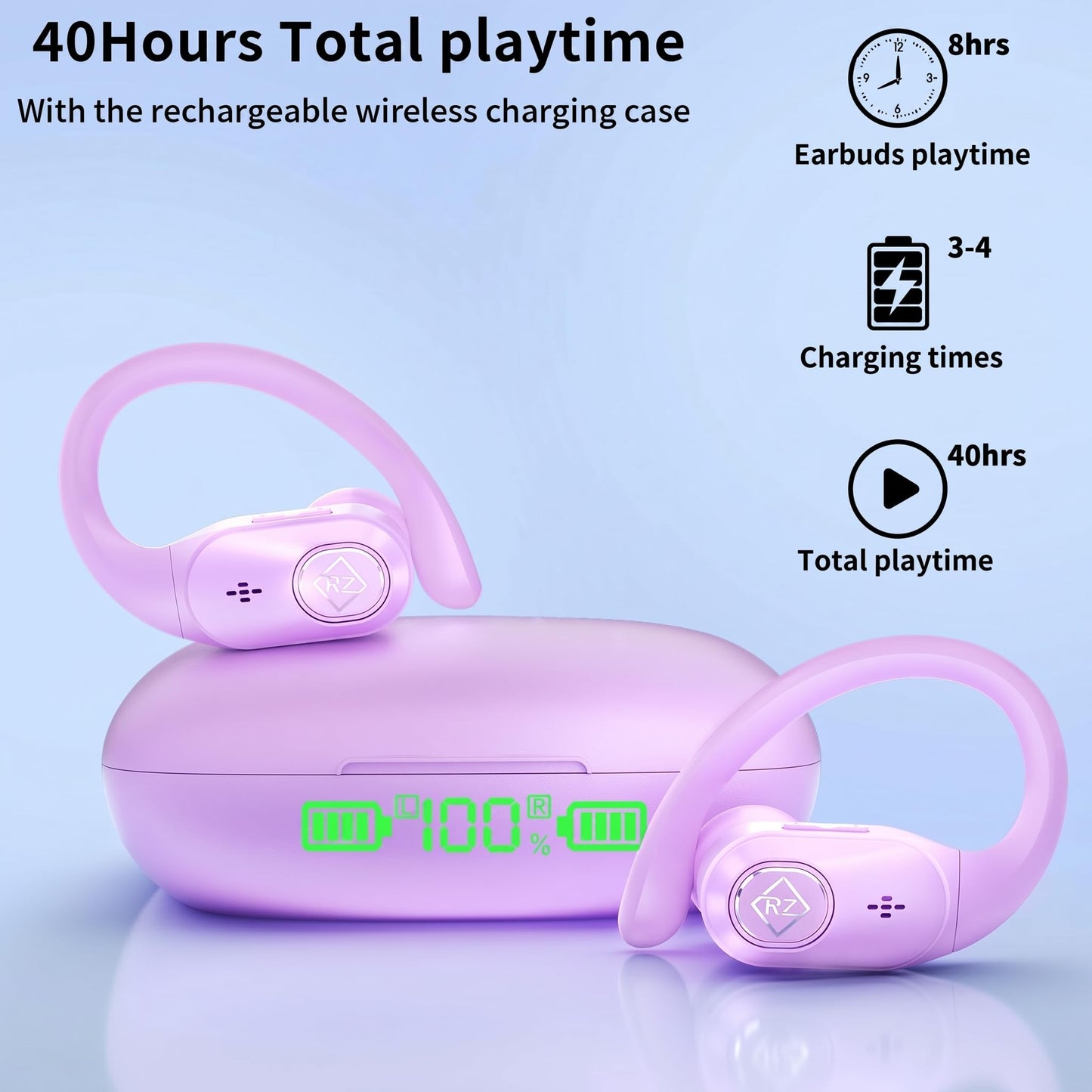 Wireless Earbuds Bluetooth Headphones 96H Playtime LED Display Waterproof Built in Mic Deep Bass Sound Secure Over Ear buds Earhooks for iPhone