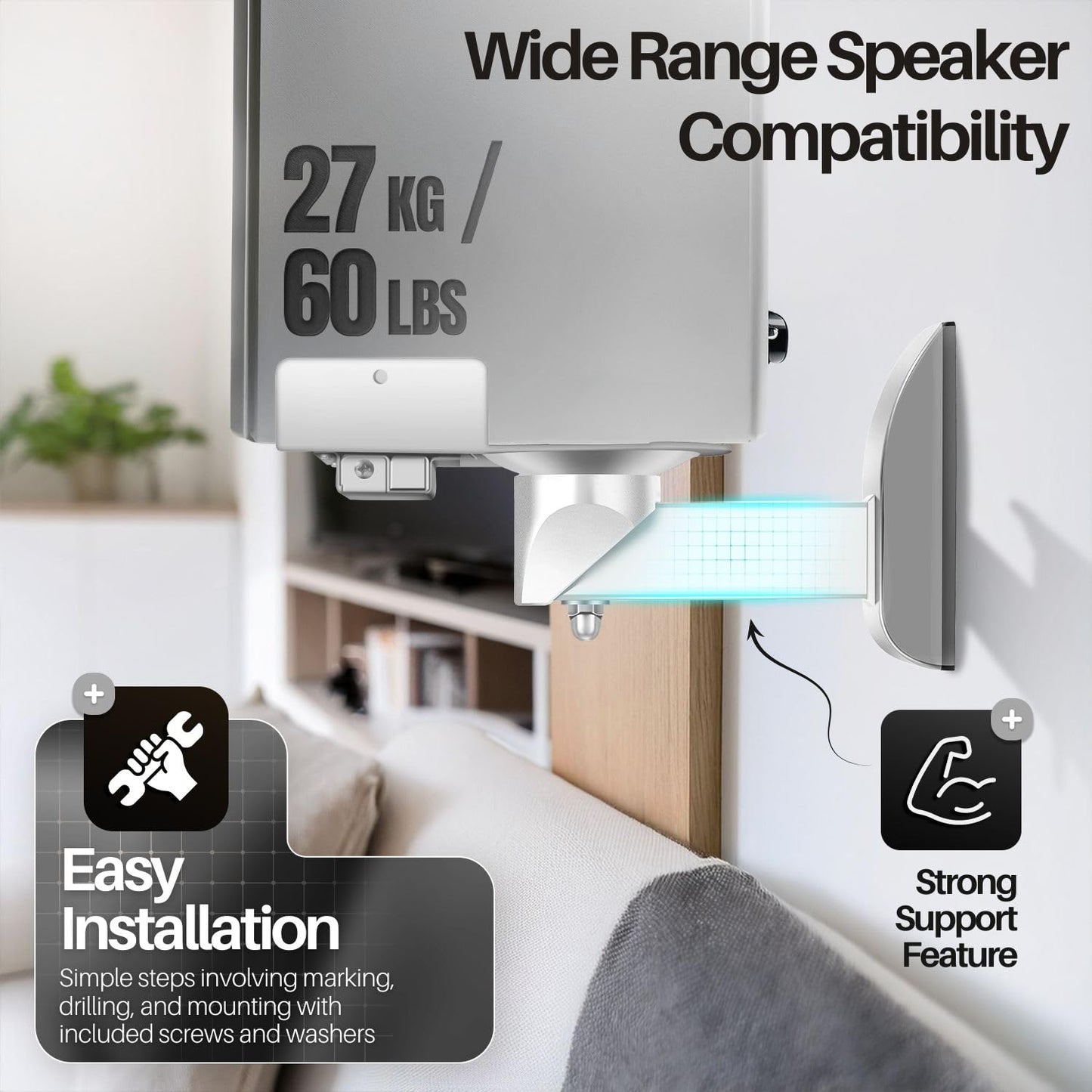 TNP Speaker Wall Mounts - Dual Side Clamping Bookshelf Mounting Bracket for Large Surround Sound Speaker with Adjustable Swivel & Tilt Angle for Home