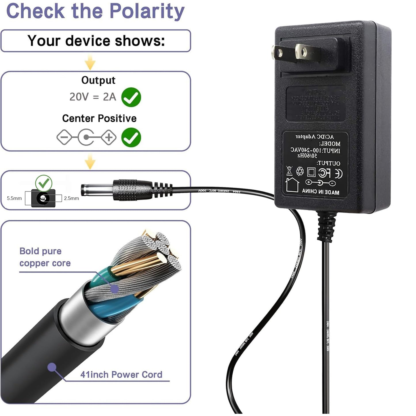 20V 2A Power Supply Adapter for 20volt 0.5A 0.8A 1A 1.5A 1.8A 2A, 500mA 800mA 1000mA 1500mA 1800mA 2000mA Equipment with 10 Tips ac dc Adapter DC…