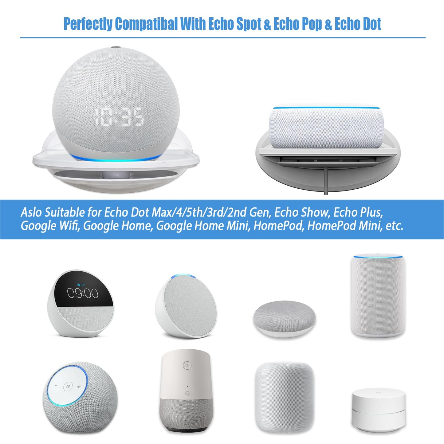 PUUUCI Wall Mount Shelf, Compatible with Echo Spot, Echo Pop, Echo Dot, HomePod Mini, Google Home, with Cord Storage, Easy Installation, Fits Devices
