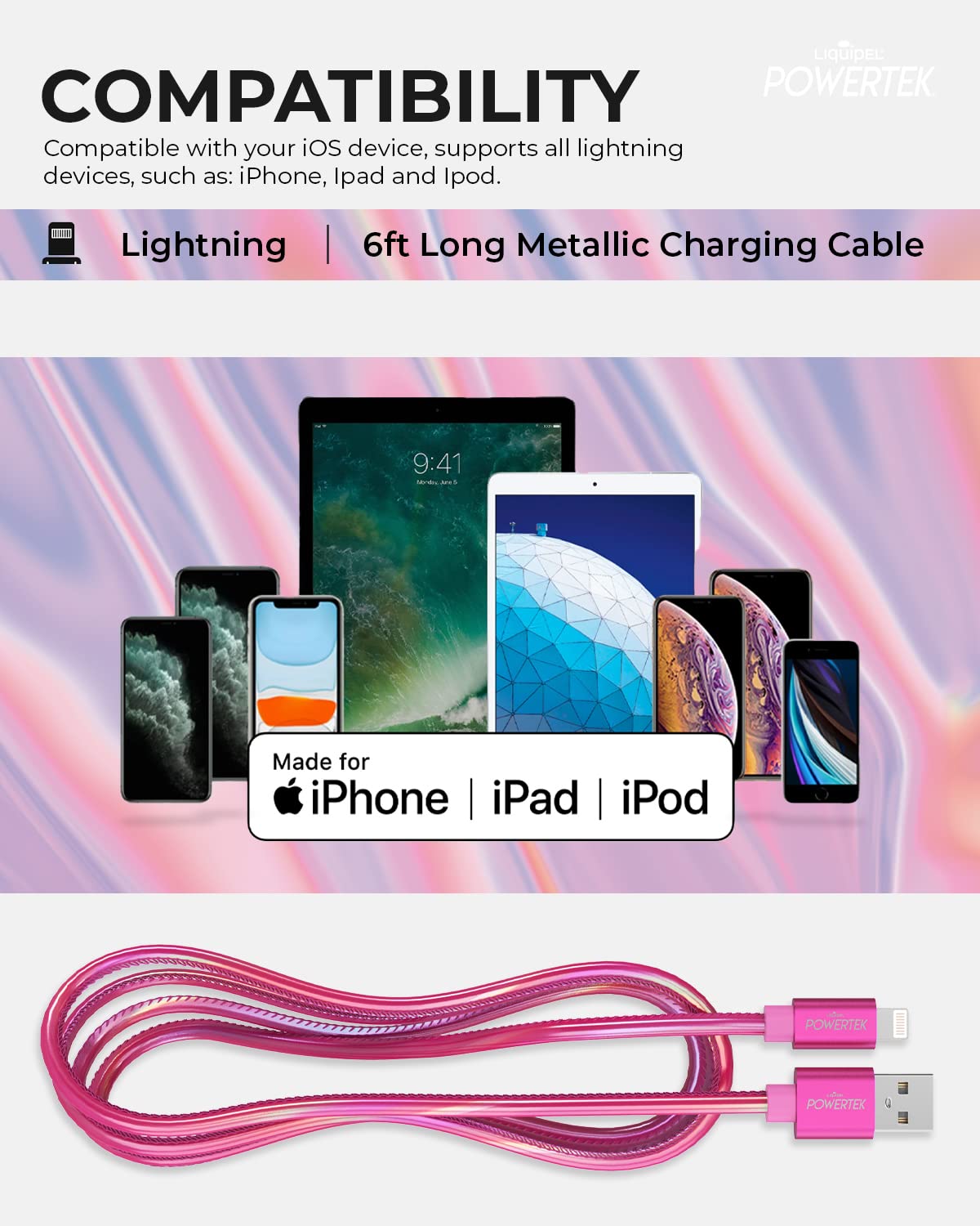 LIQUIPEL Powertek iPhone Charger Cable, 6 ft Fast Charging Lightning to USB Cord Adapter, Compatible for iPad, MFI Certified, Metallic Shine (Hot…
