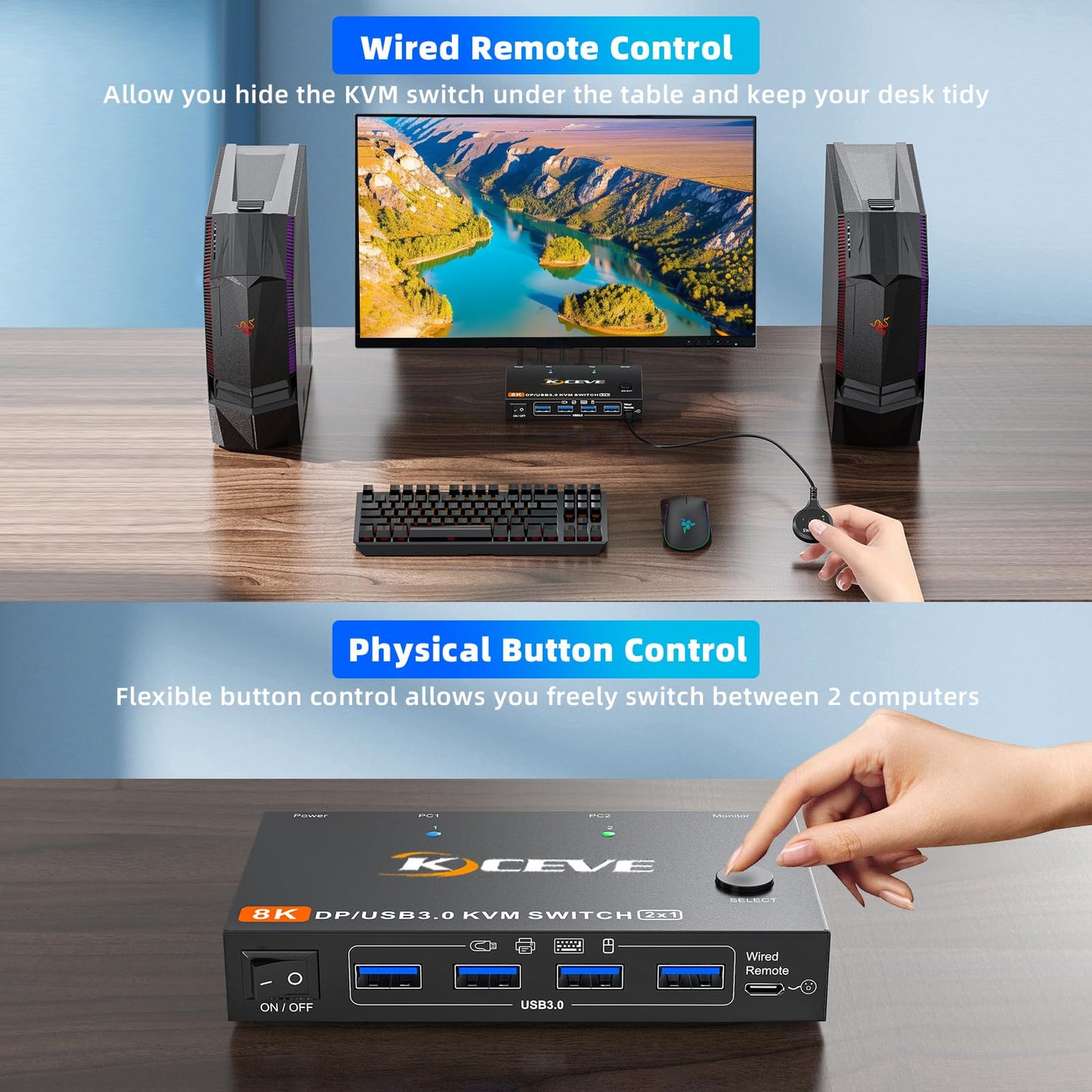 KCEVE KVM Switch 2 Computer 1 Monitor Displayport 4K@240Hz 8K@60Hz, USB 3.0 KVM Switch Displayport 2.1 for 2 PC Share 4 USB Devices Keyboard