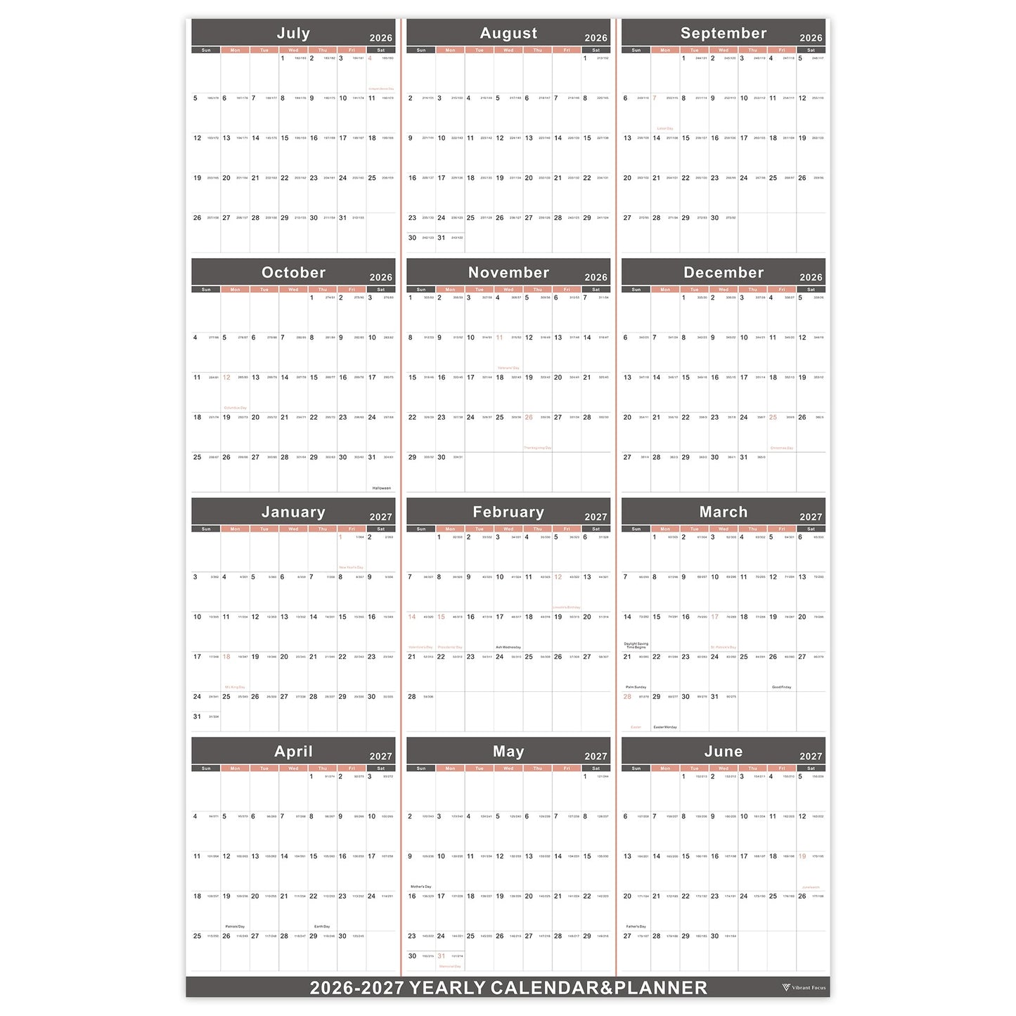 Vibrant Focus 2024-2025 Yearly Wall Calendar - 2024-2025 Wall Calendar, 2024-2025 Yearly Wall Calendar&Planner with Thick Paper, July 2024 - June
