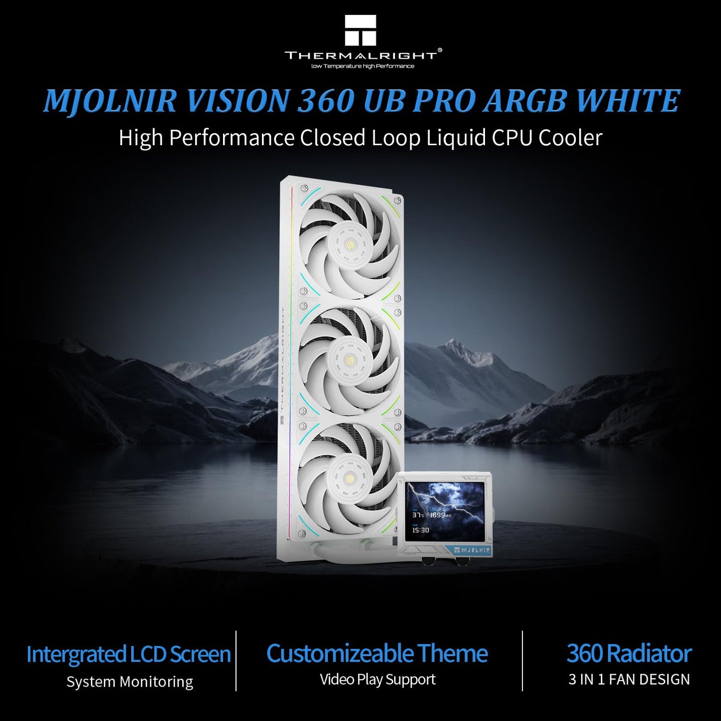 Thermalright Mjolnir Vision 360 UB PRO ARGB White CPU Aio Cooler,PC 360 Specification Water Cooler System with Inline Fan,3.5’’ LCD Screen