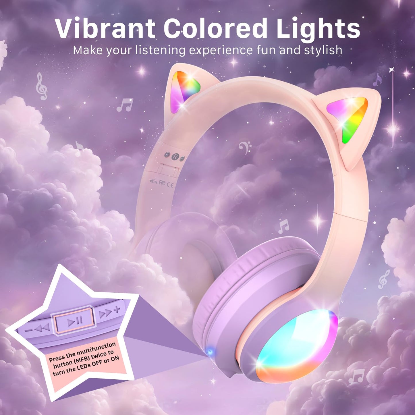 FosPower Kids Bluetooth 5.2 Headphones with LED Cat Ears (85/94dB Safe Volume Limit) Foldable Wireless or Wired Headset with 100hr Play Time…