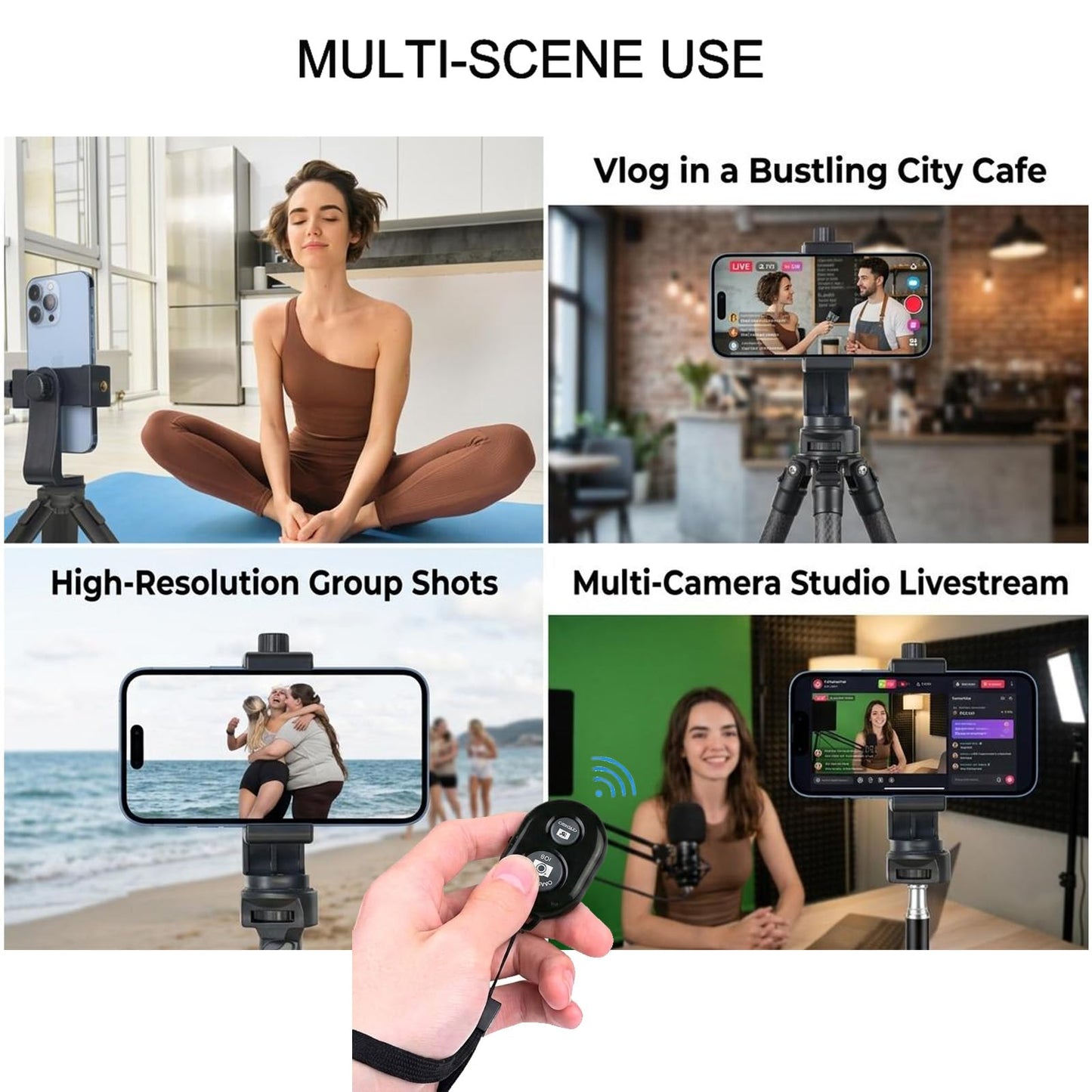 Ruittos Phone Tripod Mount Adapter with Camera Remote Controller, Cell Phone Holder Clip with Adjustable Clamp Compatible with iPhone, Samsung, HTC