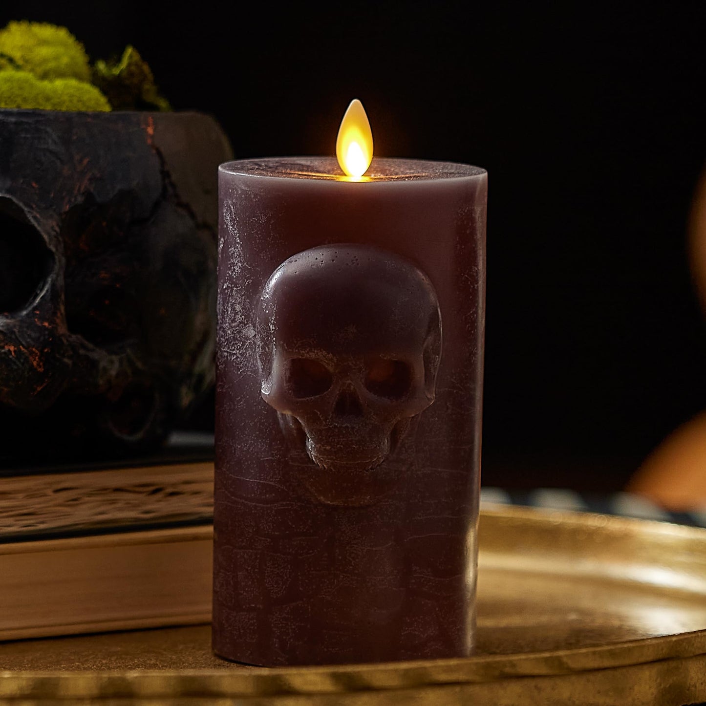 Luminara Chalky Skull LED Candle, Dark Chocolate, Moving Flame, Gothic Halloween Decor, Battery Operated Flameless Unscented Wax Timer Indoor